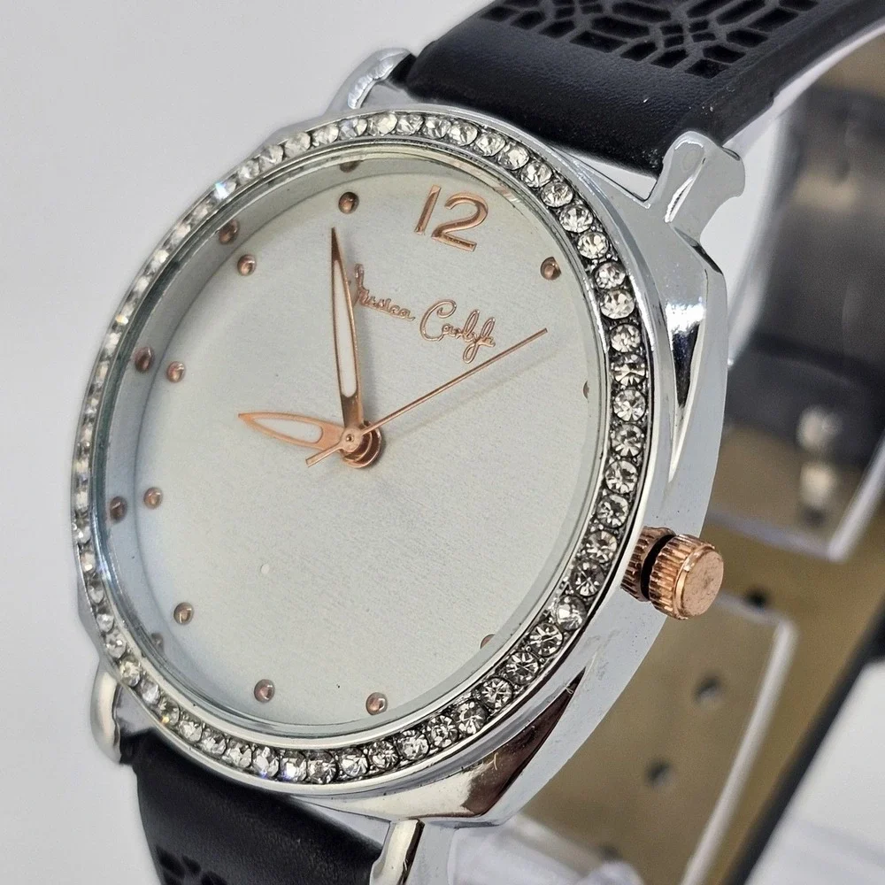 Jessica Carlyle 36MM Women Watch White Dial Crystal Bezel Black Bands NewBattery